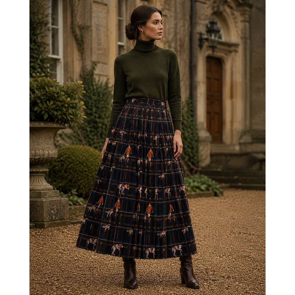 Vintage Saks Fifth Avenue Equestrian Plaid Pleated Midi Skirt Hunter Hound Rare